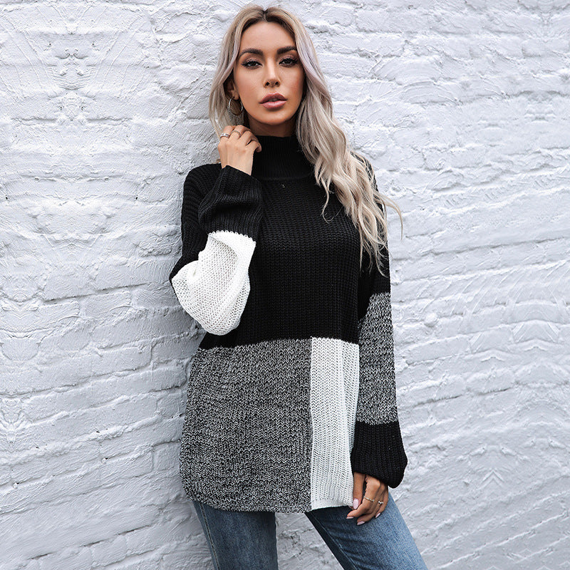 Damen Grobstrickpullover mit asymmetrischen Farbblockdesign und hohem Kragen EB