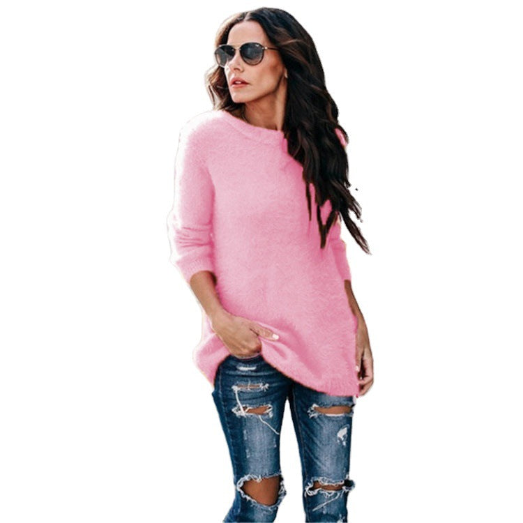 Damen nan kuscheliger Oversize-Strickpullover mit Rundhalsausschnitt Hoch-Tief-Saum und Seitenschlitzen EB