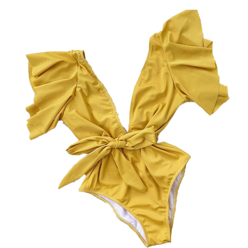 Damen Eleganter Badeanzug mit Volantärmeln und Taillengürtel EB
