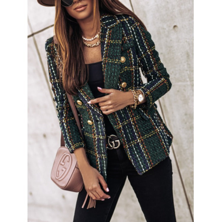 EB | Blazer Taillierte Passform Tweed Doppelreiher Kariertes Muster