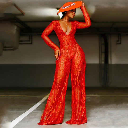 Damen Elegantes Jumpsuit aus transparenter Spitze mit V-Ausschnitt und weiten Beinen EB