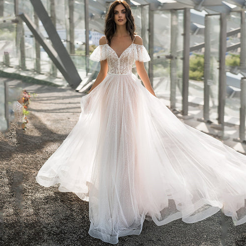Damen Elegantes Hochzeitskleid mit transparenten Puffärmeln und glitzerndem Oberteil EB