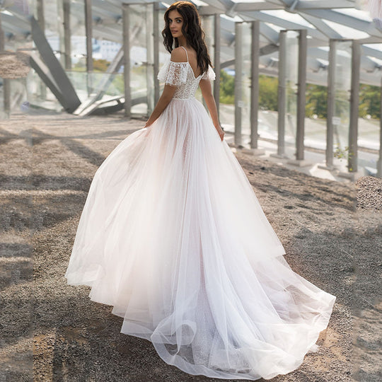 Damen Elegantes Hochzeitskleid mit transparenten Puffärmeln und glitzerndem Oberteil EB