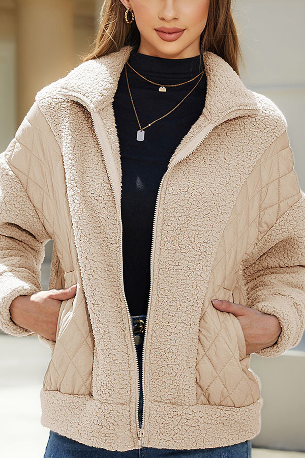 EB | Langarm-Cardigan mit Reißverschluss aus Plüsch-Patchwork Damenjacke