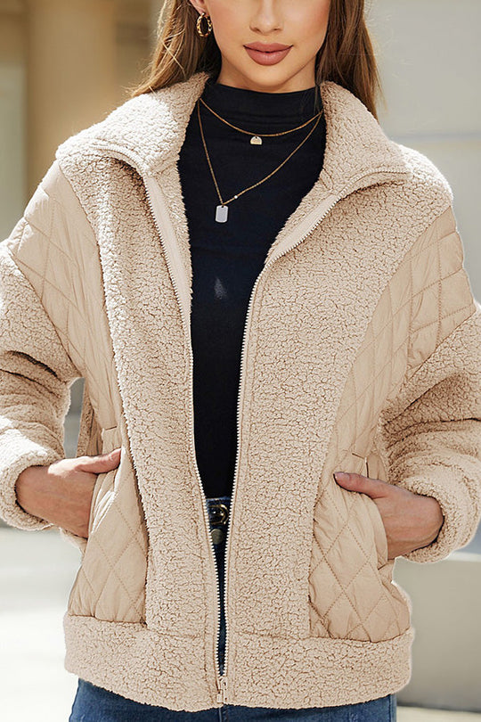 EB | Langarm-Cardigan mit Reißverschluss aus Plüsch-Patchwork Damenjacke