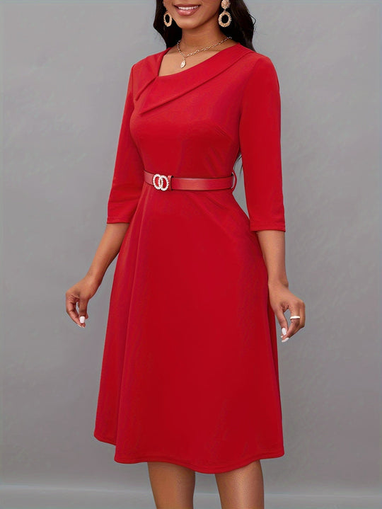 EB | Einfarbige Asymmetrische Halsgürtel 3/4 Ärmel Festliches Kleid Für Frauen - Ideal Für Alle Jahreszeiten