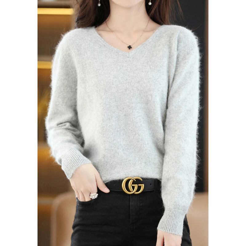 EB | Pullover Damen V-ausschnitt Leichter und Weicher Strickpullover