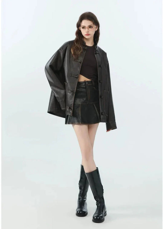 EB | Lässige PU-Lederjacke mit Stehkragen