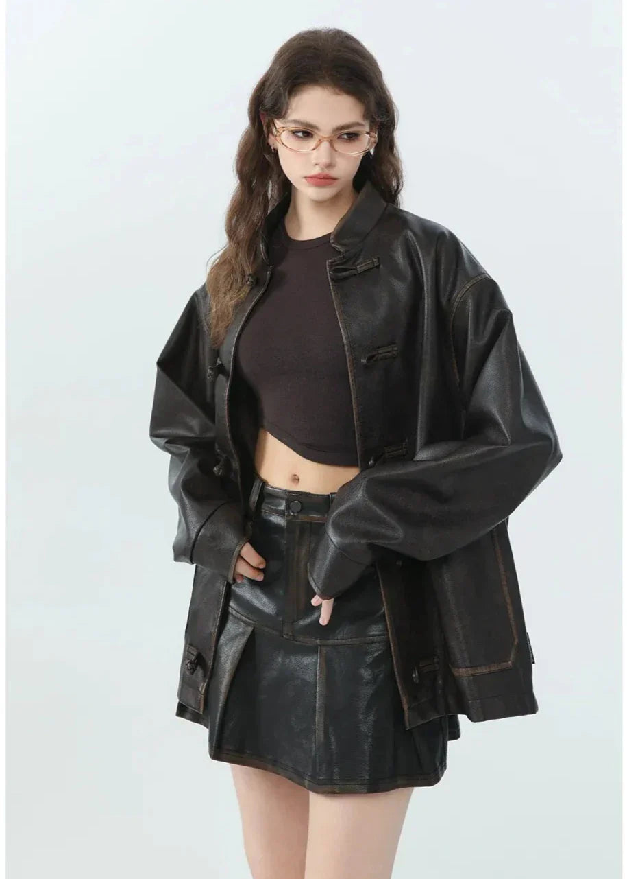 EB | Lässige PU-Lederjacke mit Stehkragen