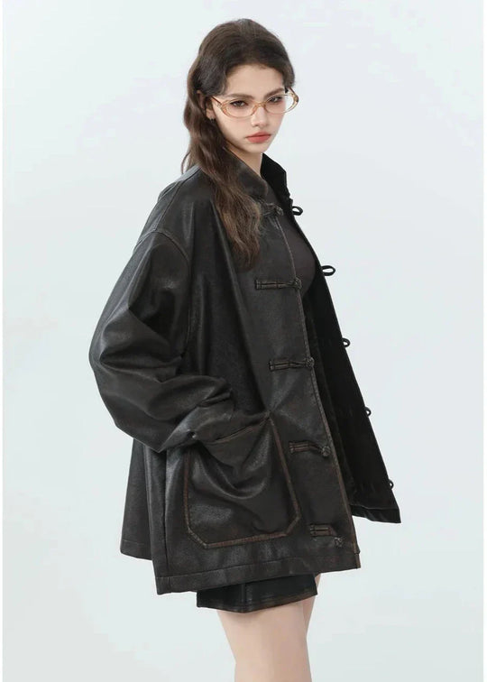 EB | Lässige PU-Lederjacke mit Stehkragen
