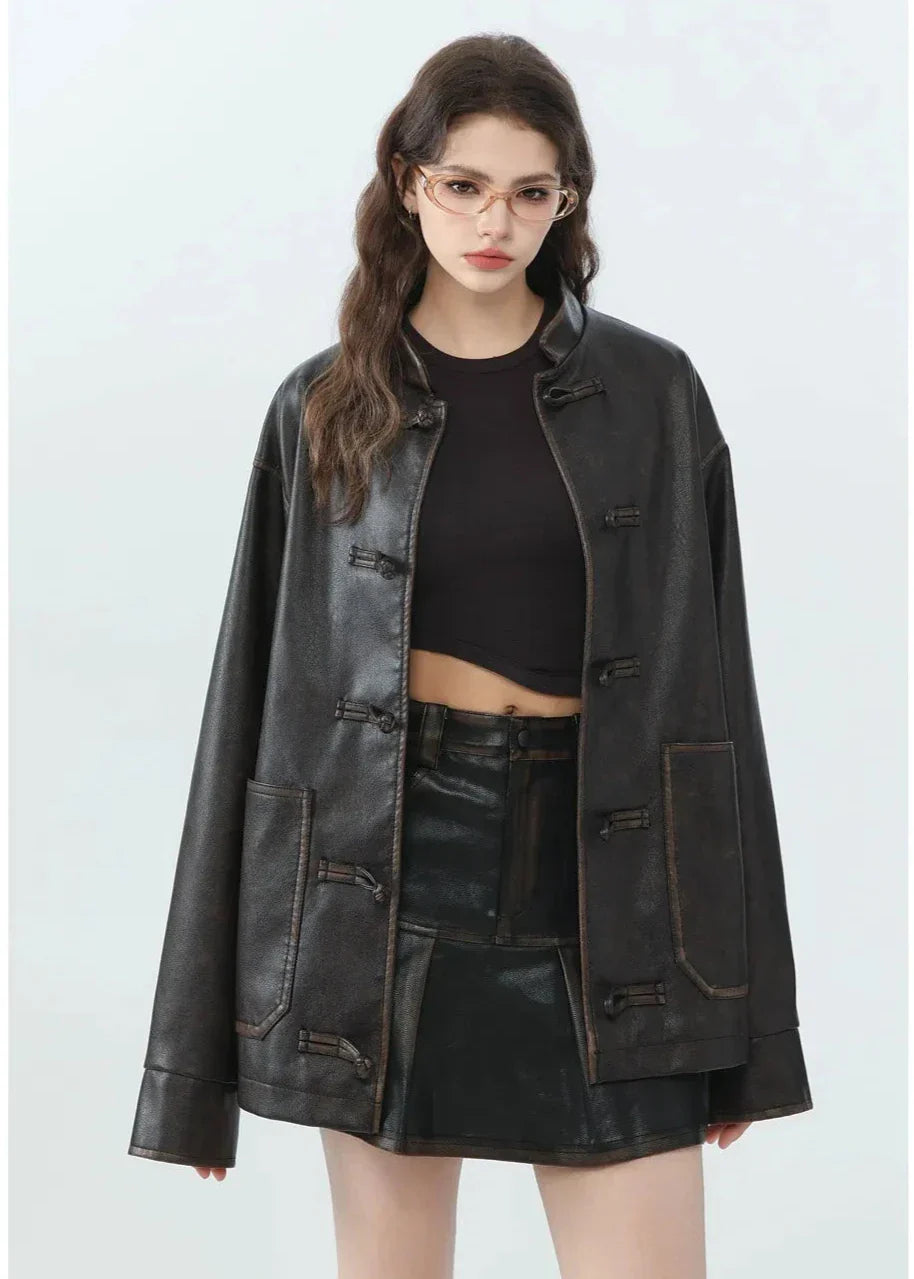 EB | Lässige PU-Lederjacke mit Stehkragen