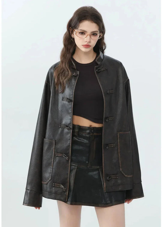 EB | Lässige PU-Lederjacke mit Stehkragen