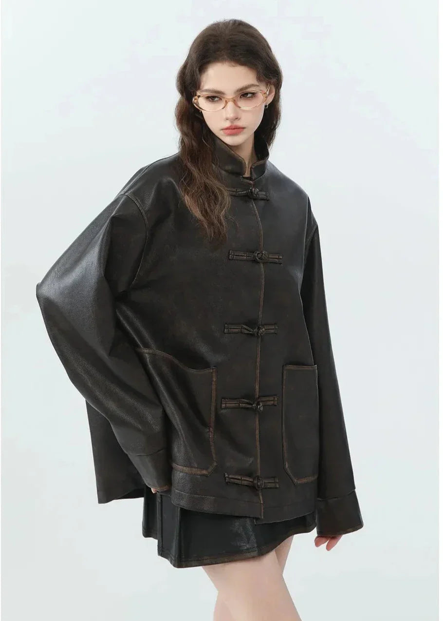 EB | Lässige PU-Lederjacke mit Stehkragen