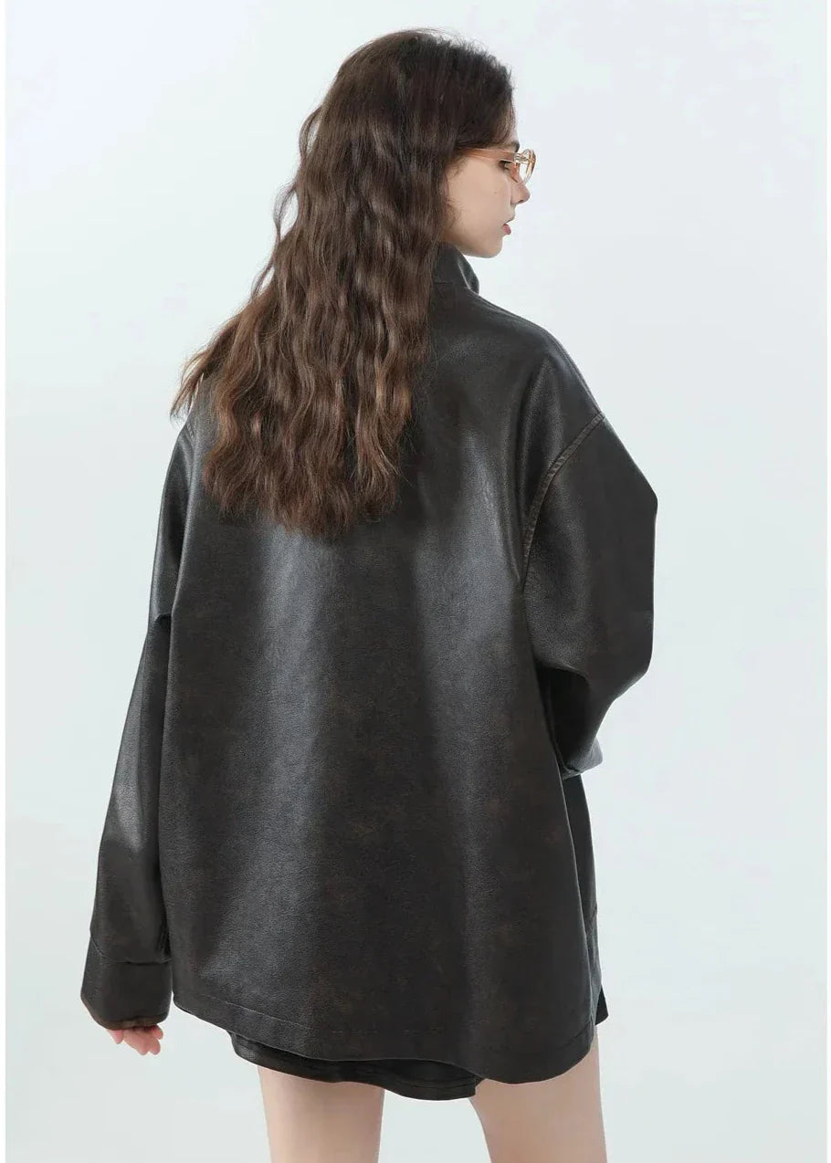EB | Lässige PU-Lederjacke mit Stehkragen