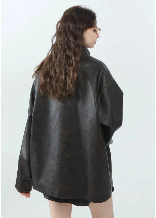 EB | Lässige PU-Lederjacke mit Stehkragen