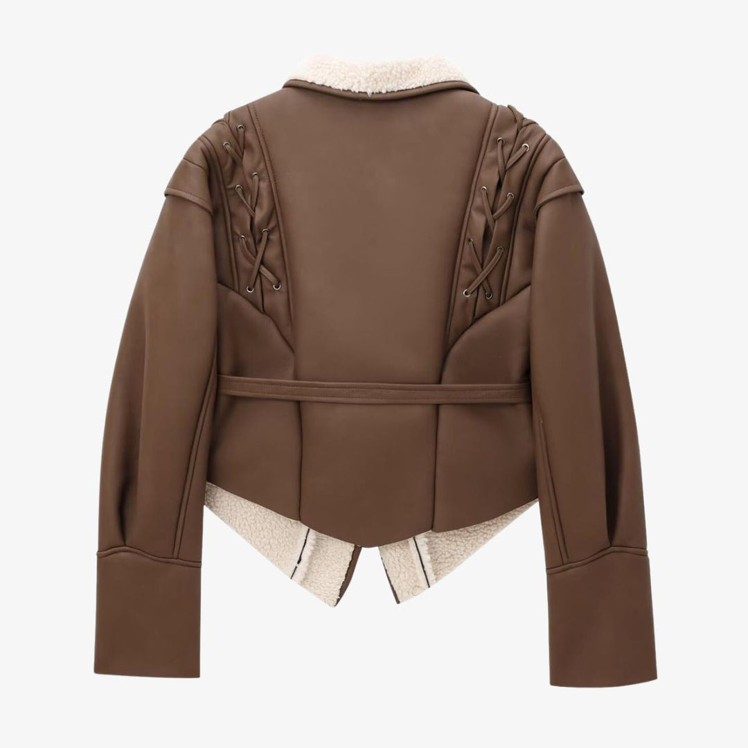 EB | Stylische Kunstlederjacke mit Teddy Futter und Schnürdetails
