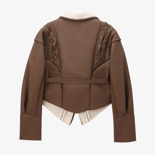EB | Stylische Kunstlederjacke mit Teddy Futter und Schnürdetails