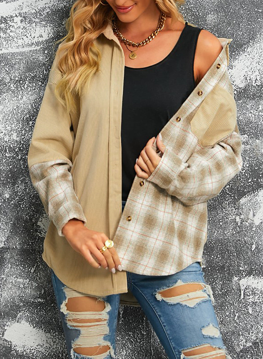 EB | Karierte Farbblock Gefallen Schulter Corduroy Shacket