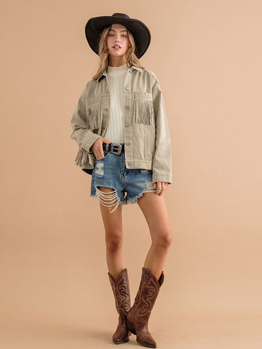 EB | Fransen-Detail Gefallene Schulter Denimjacke