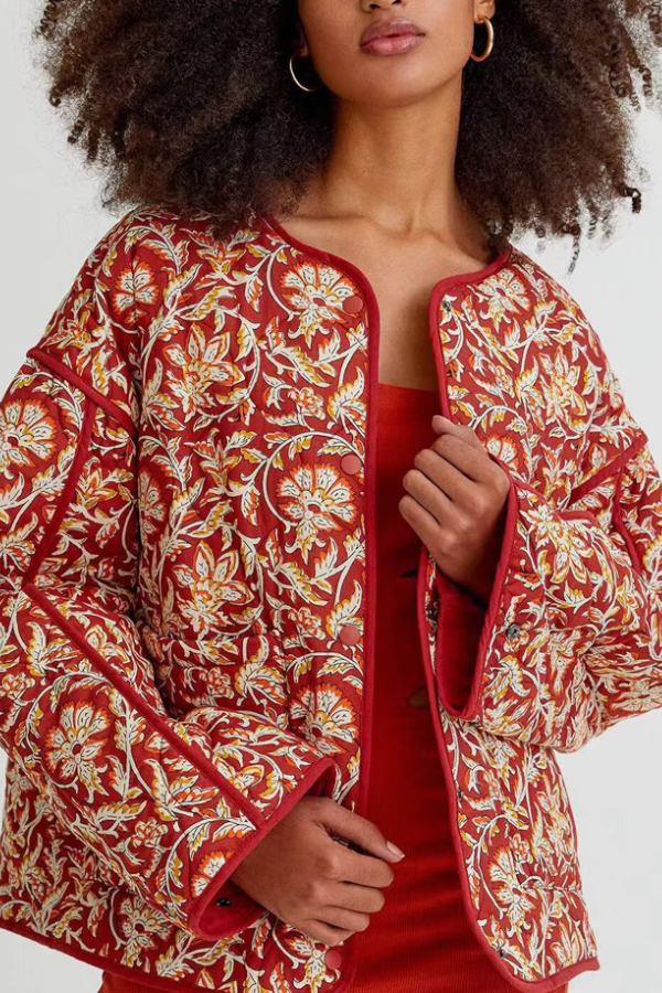 EB | Hals Floral Print Lockere Gequiltete Baumwolljacke