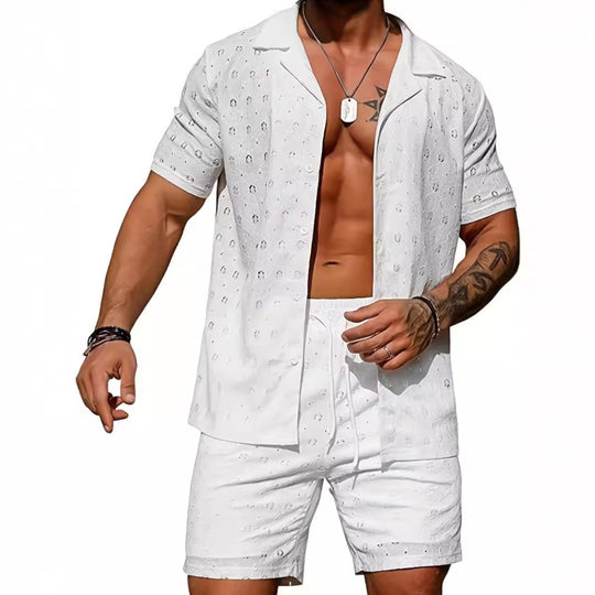 EB | Lässige Herren hohlen einfarbigen Hemd Kordelzug Shorts zweiteiliges Set