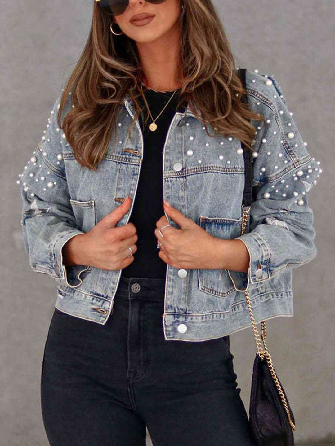 EB | Perlenbesatz Knopf-Down Denimjacke mit Taschen
