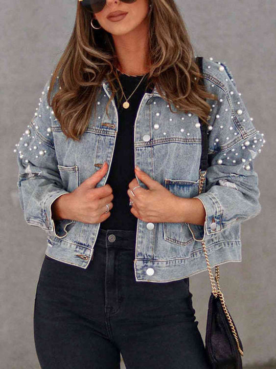 EB | Perlenbesatz Knopf-Down Denimjacke mit Taschen
