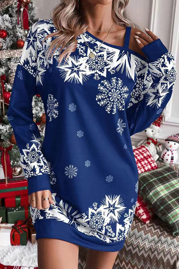 EB | Weihnachts-Schneeflocke Kalt-Schulter Lockeres Sweatshirt Mini Kleid