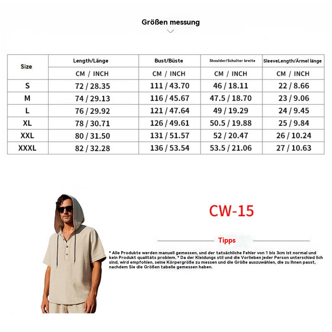 EB | Leinen-Knopf-Strand-Kapuzen-Henley-Shirt