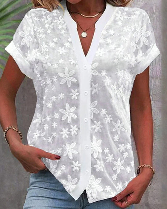 EB | Kurzärmlige Blumenbluse mit V-Ausschnitt