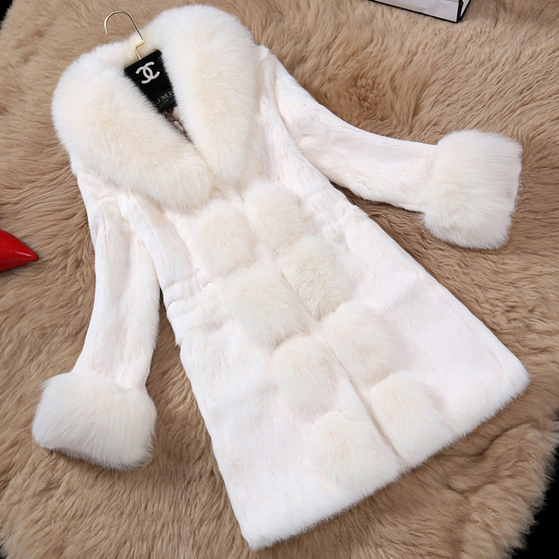 Damen eleganter Kunstfellmantel mit luxuriösem Kragen EB