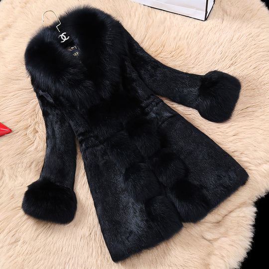 Damen eleganter Kunstfellmantel mit luxuriösem Kragen EB