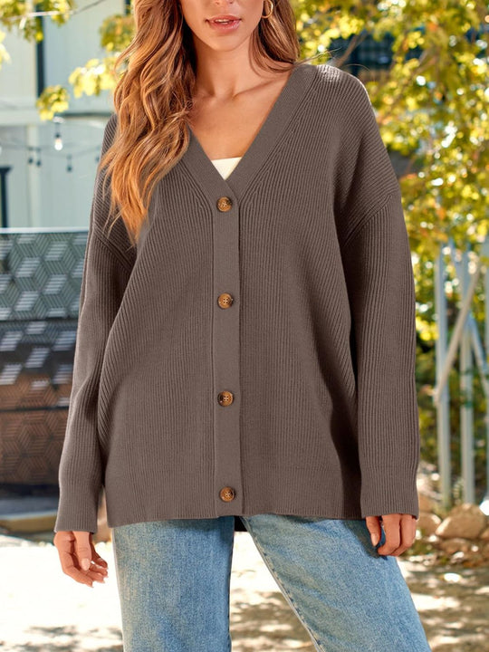 EB | Gerippte Strickjacke mit Knöpfen und langen Ärmeln
