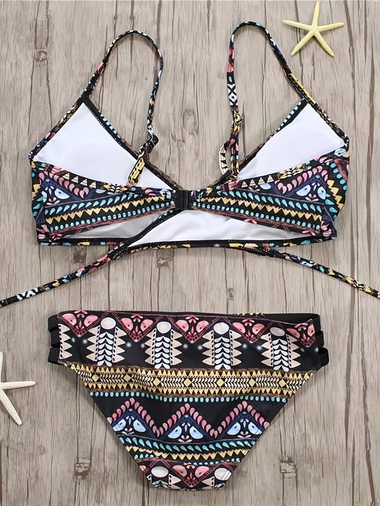 EB | Boho Bikini Set Zwei Teile mit Hoher Taille und Tribal-Muster, Ohne Träger