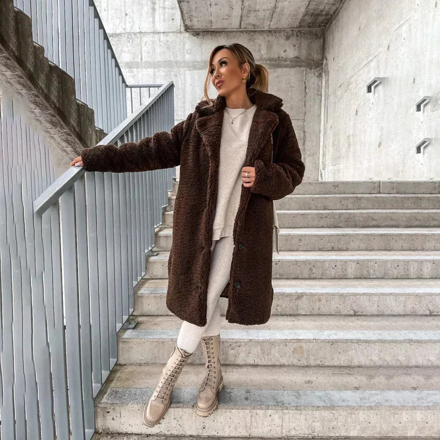 EB | Langer Mantel Plüschtextur Relaxed Fit Vollständig Länge Knopfverschluss