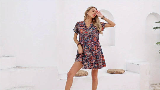 EB | Paisley V-Ausschnitt Kleid Locker Kurzarm Sommerkleid
