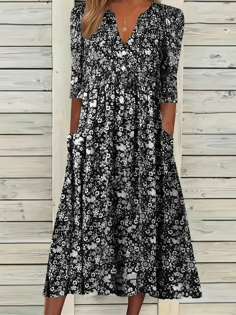 EB | Midikleid A-Linie Passform V-Ausschnitt 3/4 Ärmel Blumenmuster