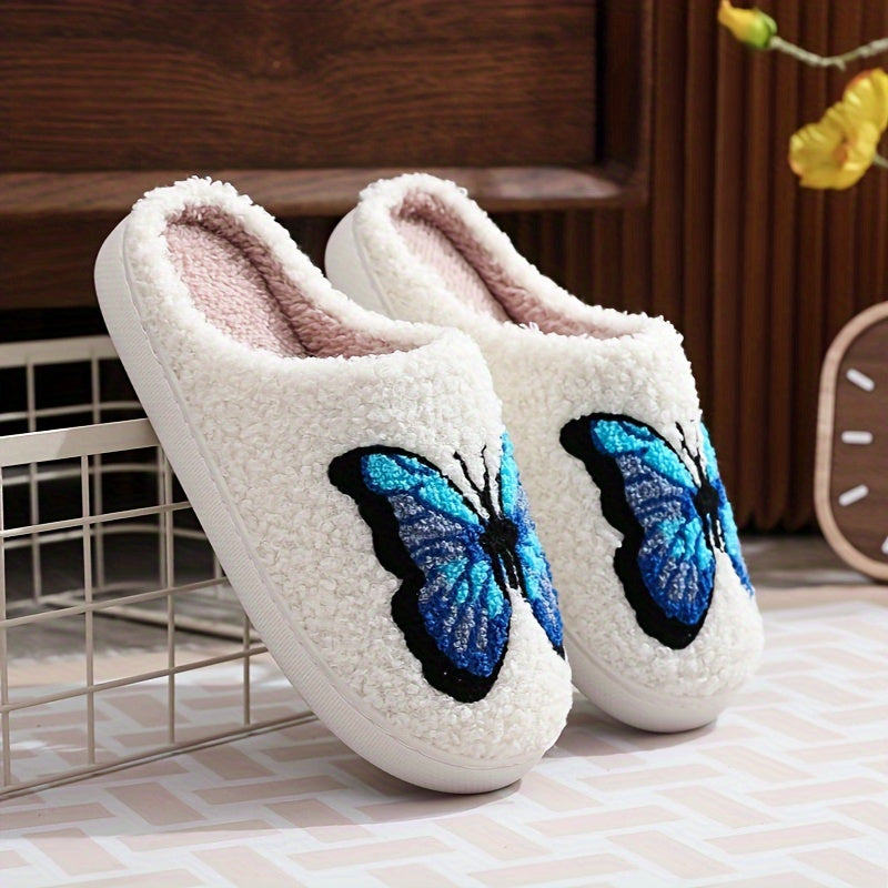 Weiß Flauschige Slipper Mit Blauem Schmetterlingsmotiv EB
