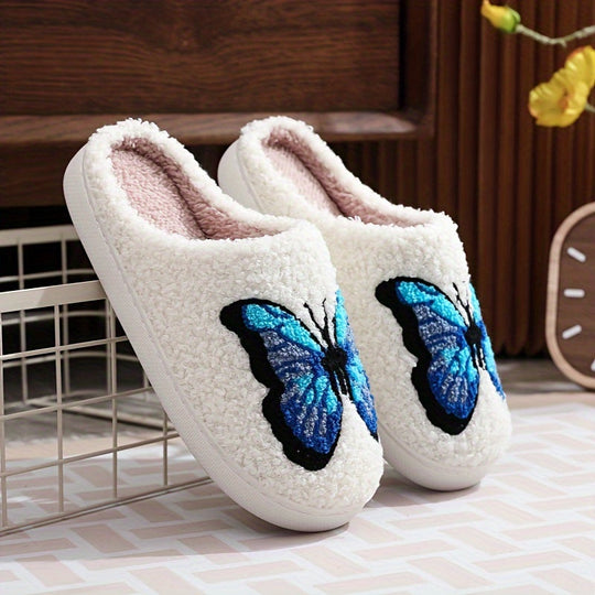 Weiß Flauschige Slipper Mit Blauem Schmetterlingsmotiv EB