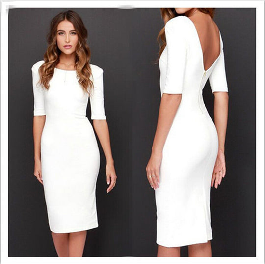 Damen figurbetontes Midi-Kleid mit halblangen Ärmeln und elegantem Ausschnitt EB