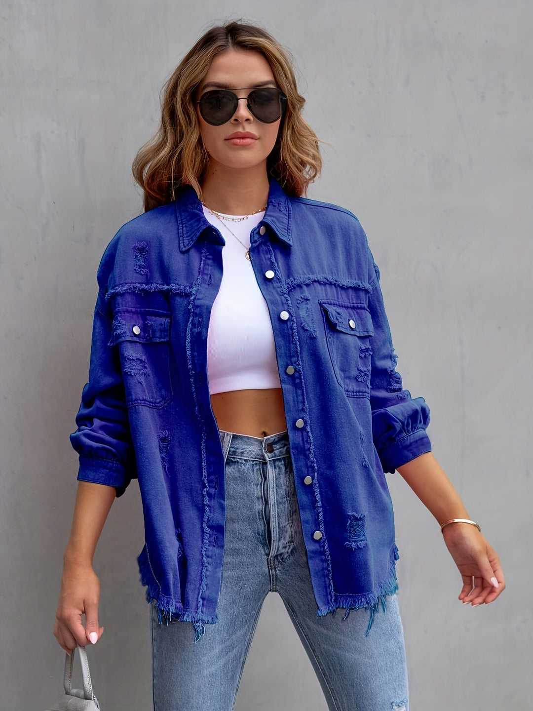 EB | Denimjacke Boho Nicht Dehnbar, Einfarbig, Knopfverschluss