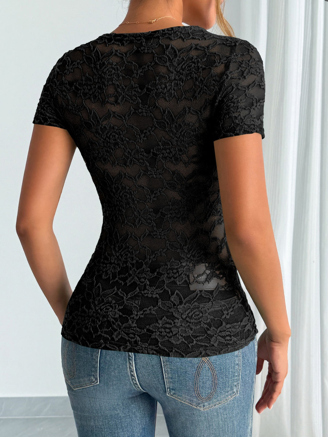 EB | Damen Einfarbig Sexy Spitze V-Ausschnitt Kurzarm