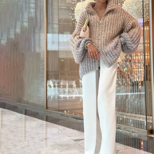 EB | Strickpullover mit Pailletten Ballonärmel Elegant und Handstrick-look