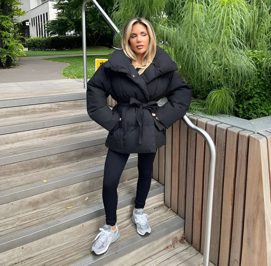 EB | Gürtelte Pufferjacke Übergröße Kragen Wintermantel
