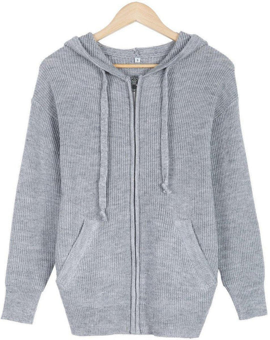 EB | Grau Strick Hoodie mit Reißverschluss Wolle Komfortabel und Warm