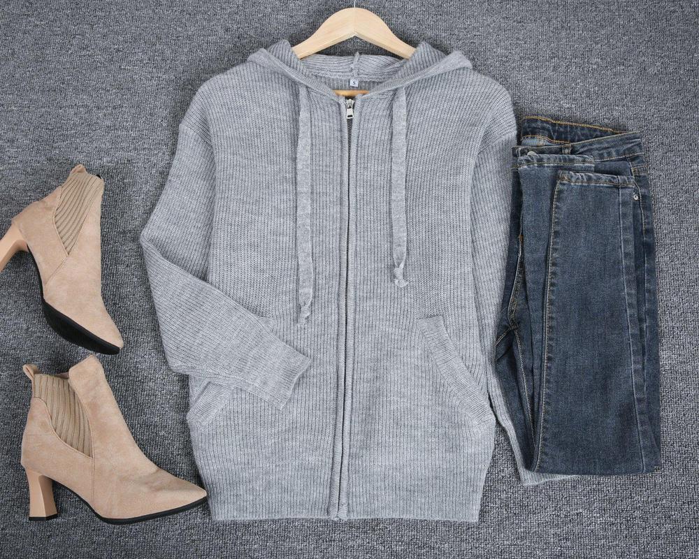 EB | Grau Strick Hoodie mit Reißverschluss Wolle Komfortabel und Warm