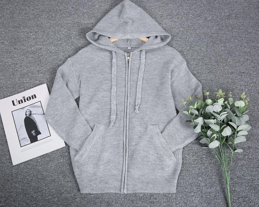 EB | Grau Strick Hoodie mit Reißverschluss Wolle Komfortabel und Warm
