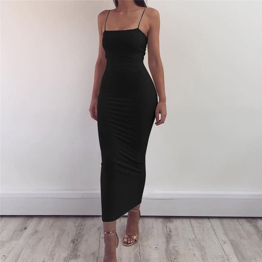 EB | Bodycon Kleid Midi Länge Spaghettiträger Elegant und Figurbetont