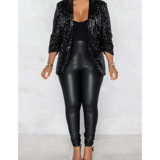 EB | Damen Glänzender Party Blazer Mantel Pailletten
