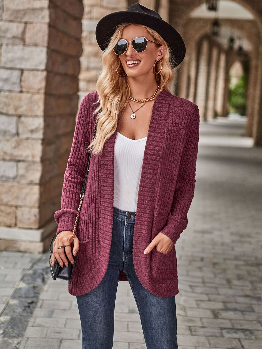 EB | Damen Gerippter Offener Vorderseite Strickjacke Lange Ärmeln Lässig Strickpullover mit Taschen